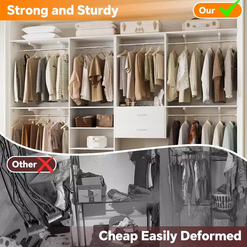 Freestanding Closet System with 8 Hannging Rods and Drawers, Hanging Closet Organizer with 10 Shelves