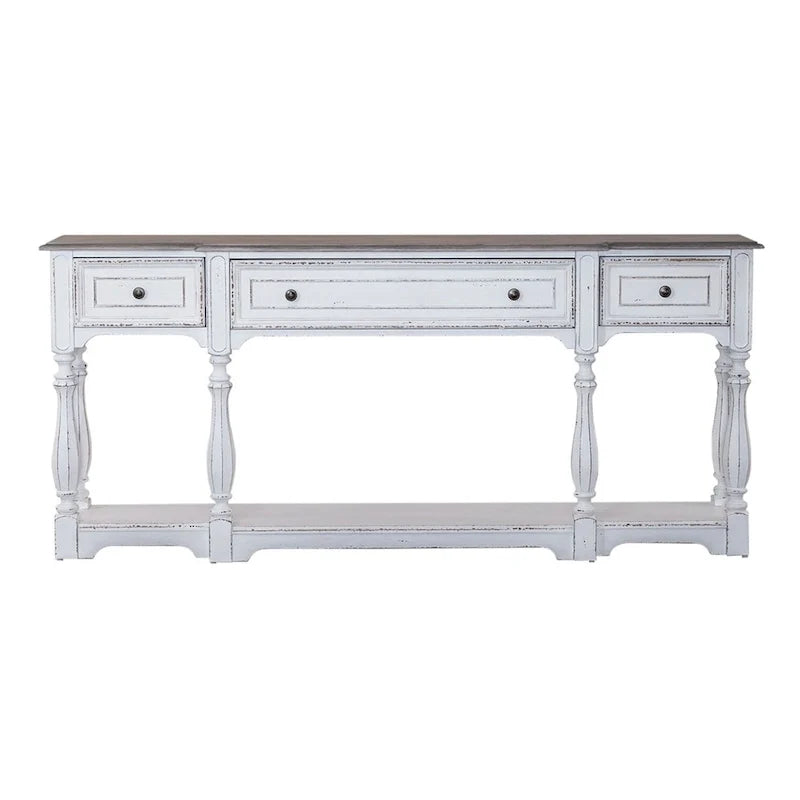Console de hall 72 po blanc antique et écorce vieillie
