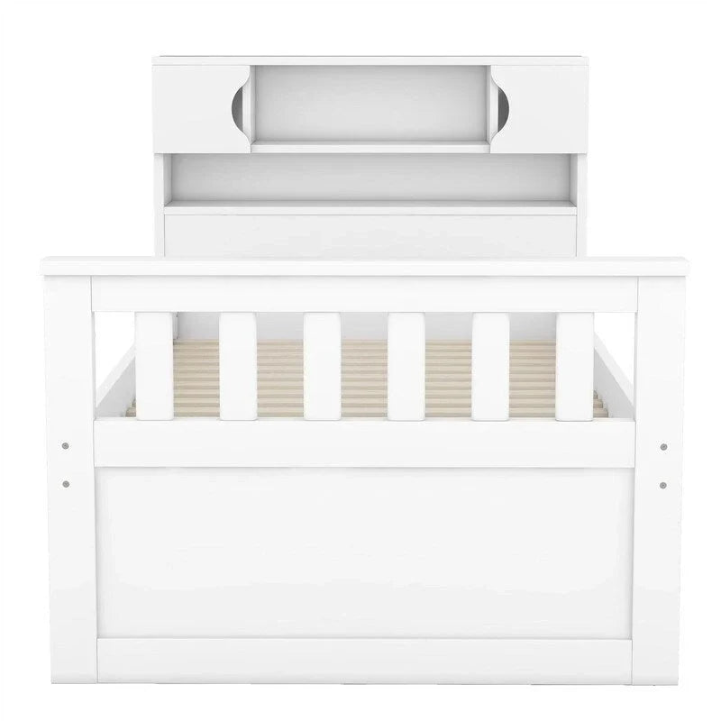 Twin/Full Size Captain Platform Bed with 4 Drawers and Storage Shelves, Solid Wood Bed Frame with Storage Bookcase Headboard