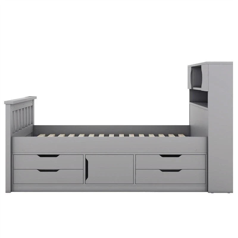 Twin/Full Size Captain Platform Bed with 4 Drawers and Storage Shelves, Solid Wood Bed Frame with Storage Bookcase Headboard