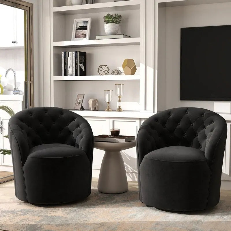 SEYNAR Modern Velvet Upholstered 360 Degree Swivel Barrel Chair with Button Tufted Back Set of 2