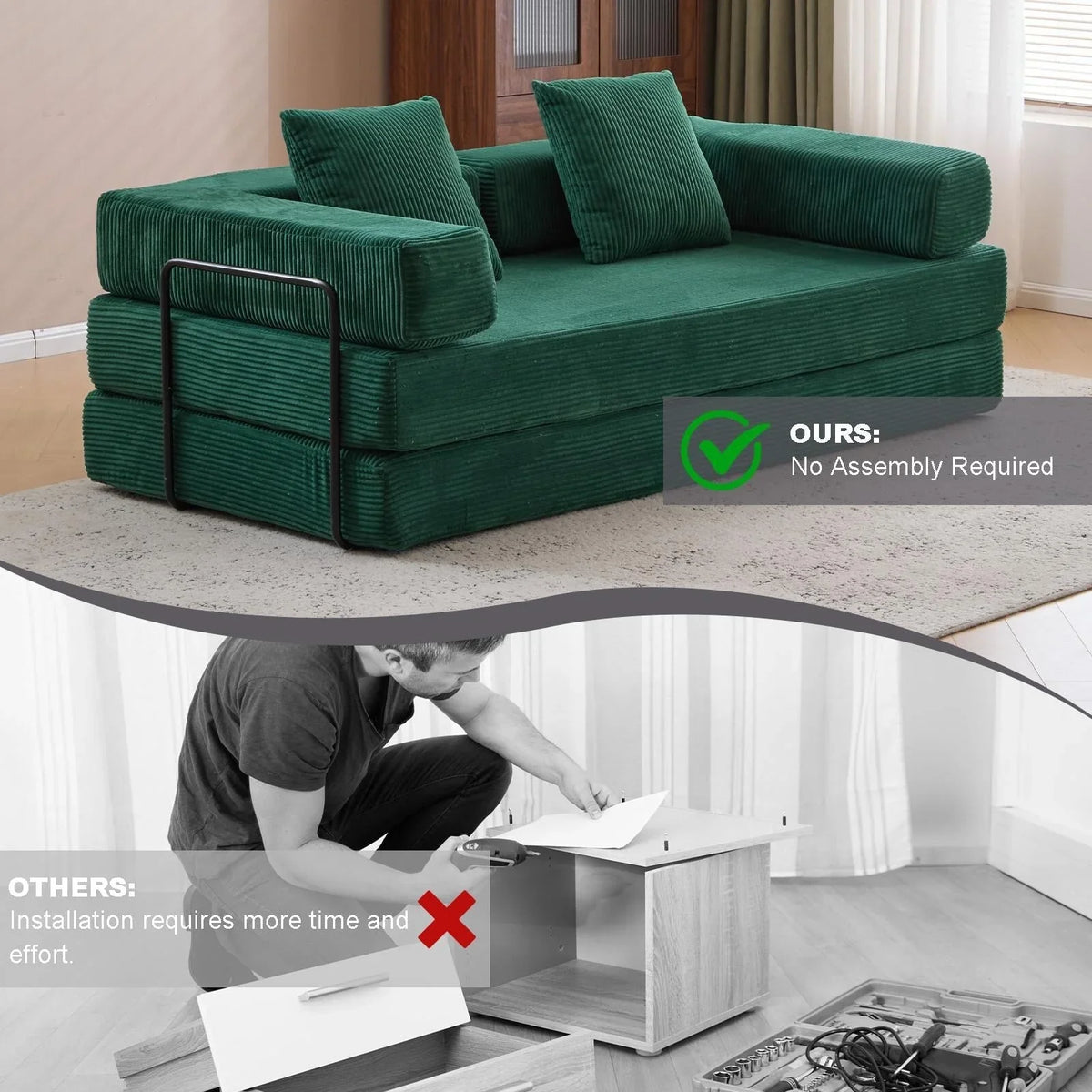 Convertible Floor Sofa Bed with Pillow Back Chenille Fabric for Living Room Bedroom