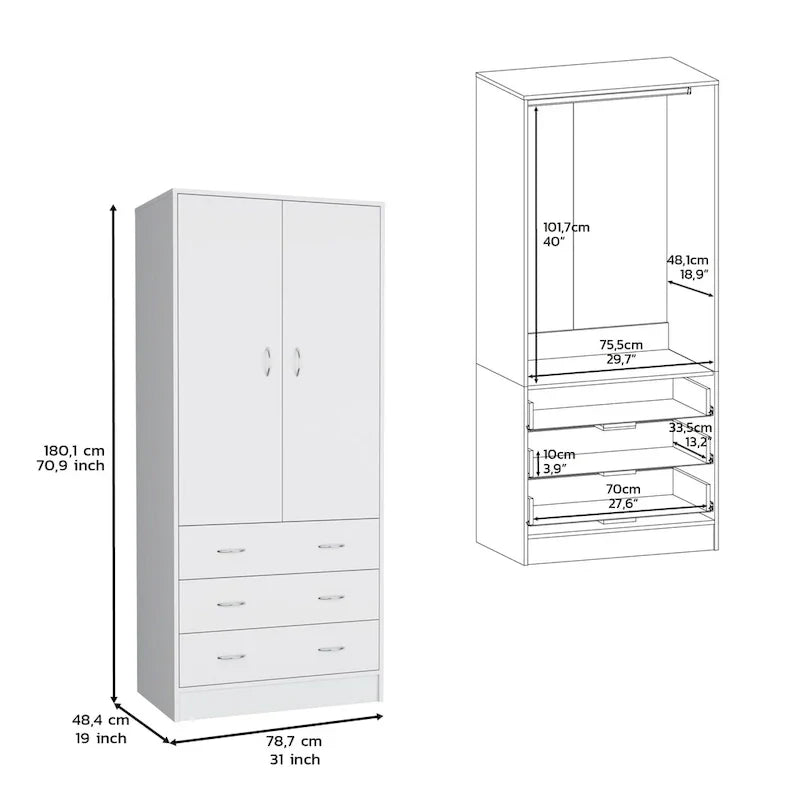 19  Modern Double-door Armoire with 3 Drawers and 1 Hanging Rod for Bedroom