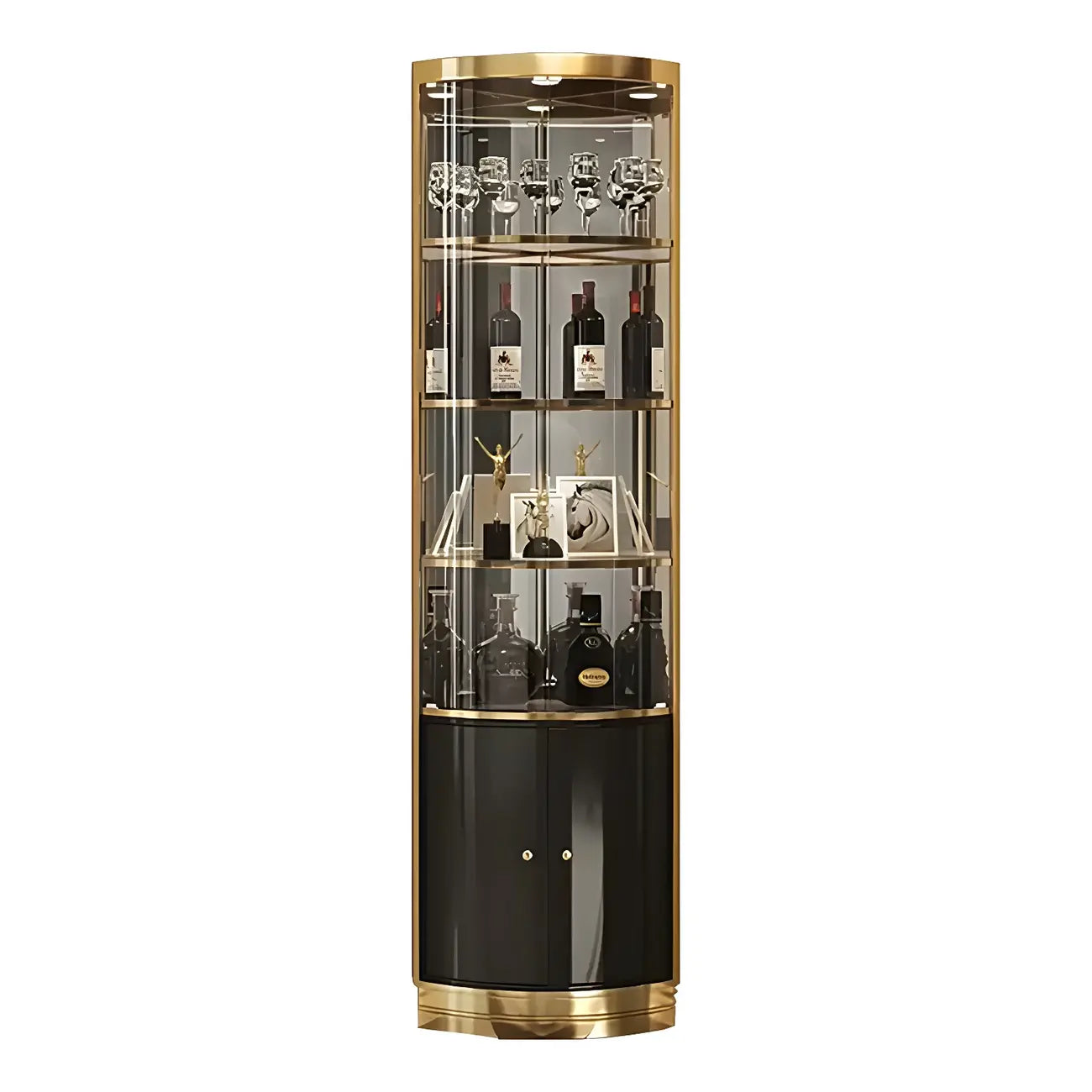 Glam Glossy Glass Gold Metal Rounded Display Corner Cabinet