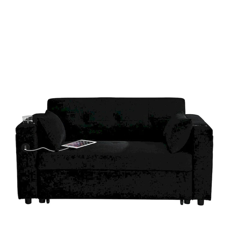 54 Pull-Out Sleeper Sofa Bed, 2 Seat Recliner Sofa Bed with Storage, Lumbar Pillow, USB Power Outlet