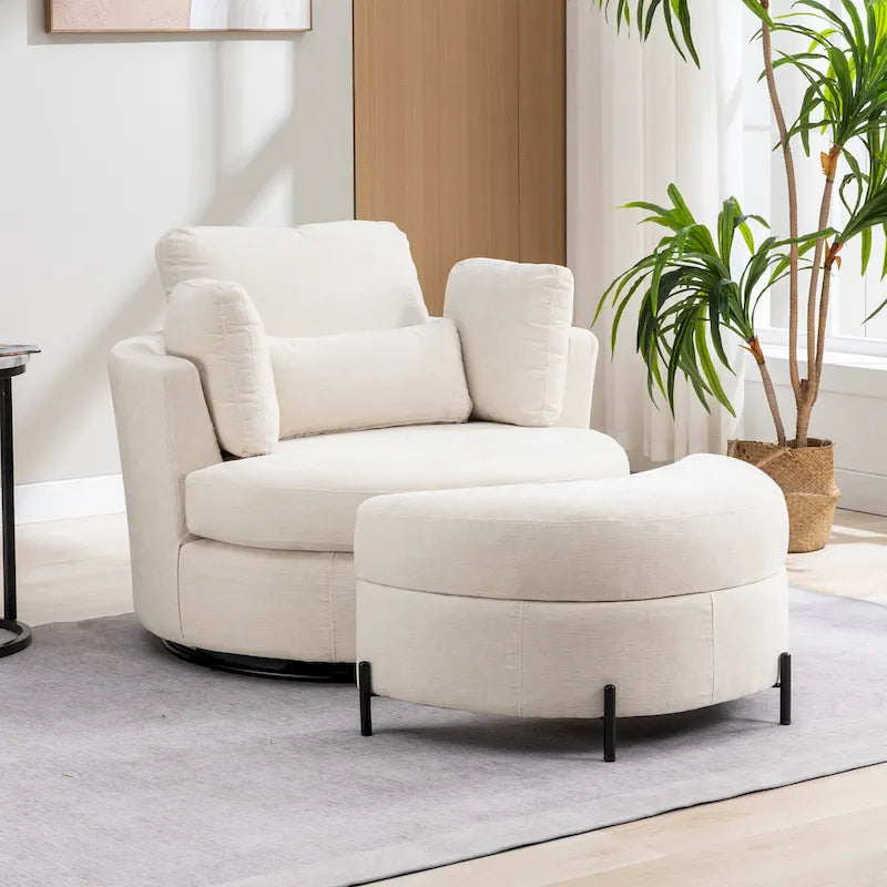 42.3W Upholstered Swivel Accent Chair with 4 Pillows and Half-Moon Storage Ottoman