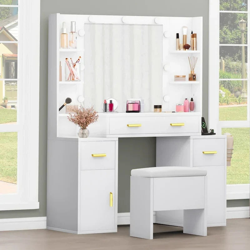 Vanity with Built-In Outlets and Lighted Mirror, 55.1H x 43.3L x 15.74W