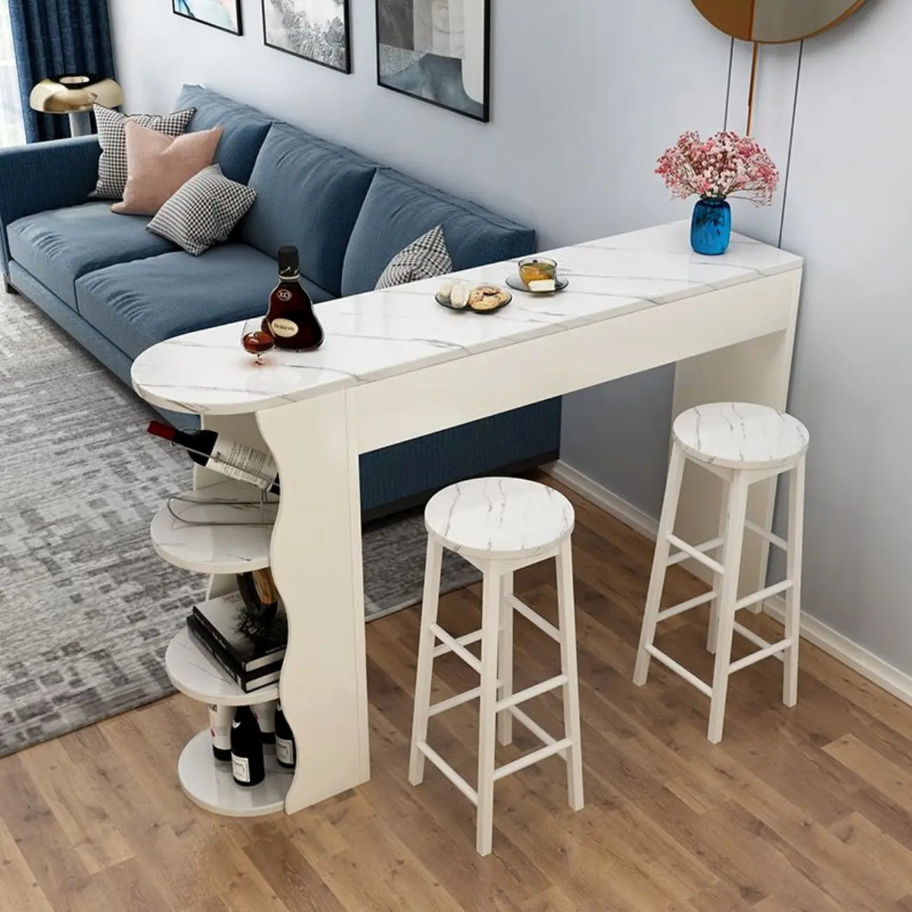 Modern Black-White Wooden Asymmetrical Shelves Bar Tables
