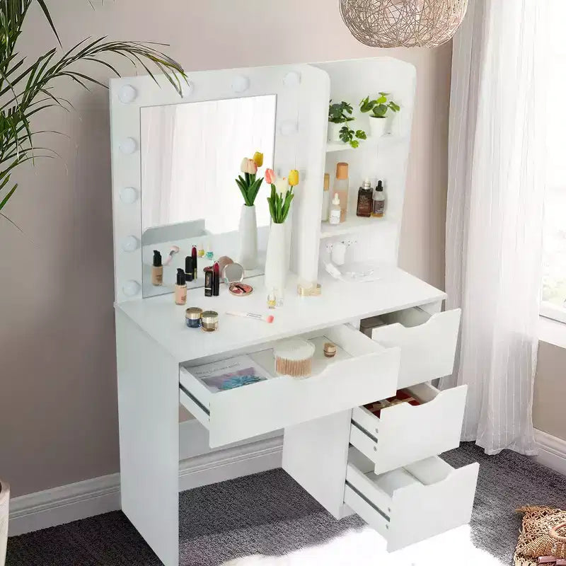 Mobile Trucco con Cassetti, Tavolo Trucco Bianco con Specchio e Luci a 3 Colori 12 LED