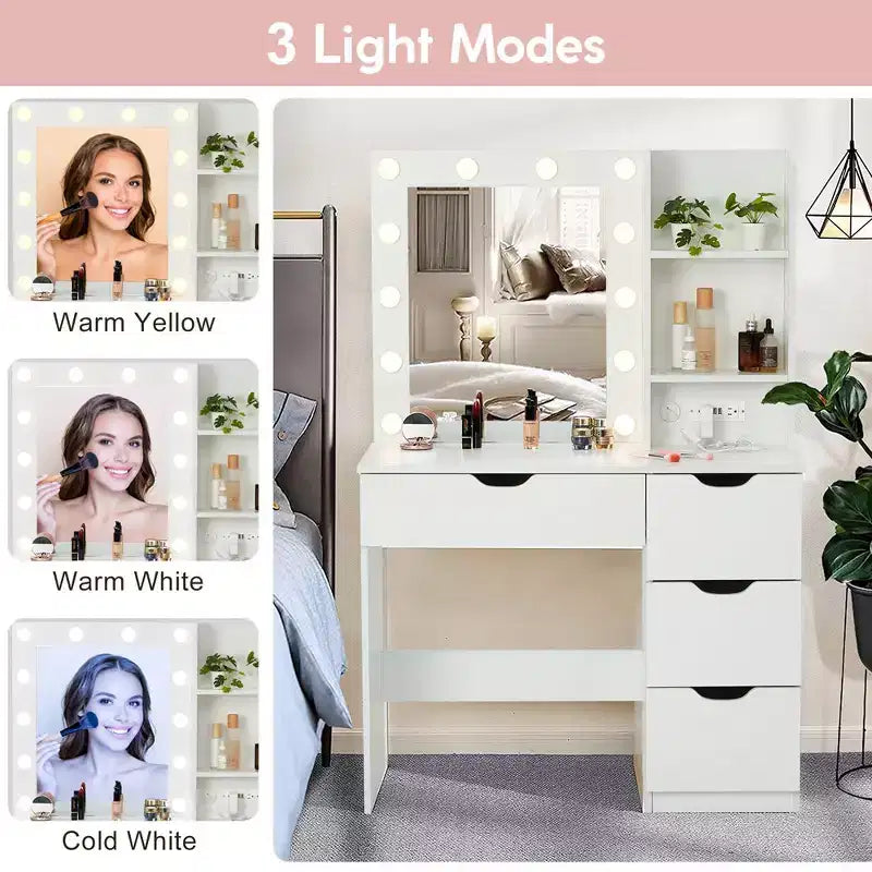 Mobile Trucco con Cassetti, Tavolo Trucco Bianco con Specchio e Luci a 3 Colori 12 LED