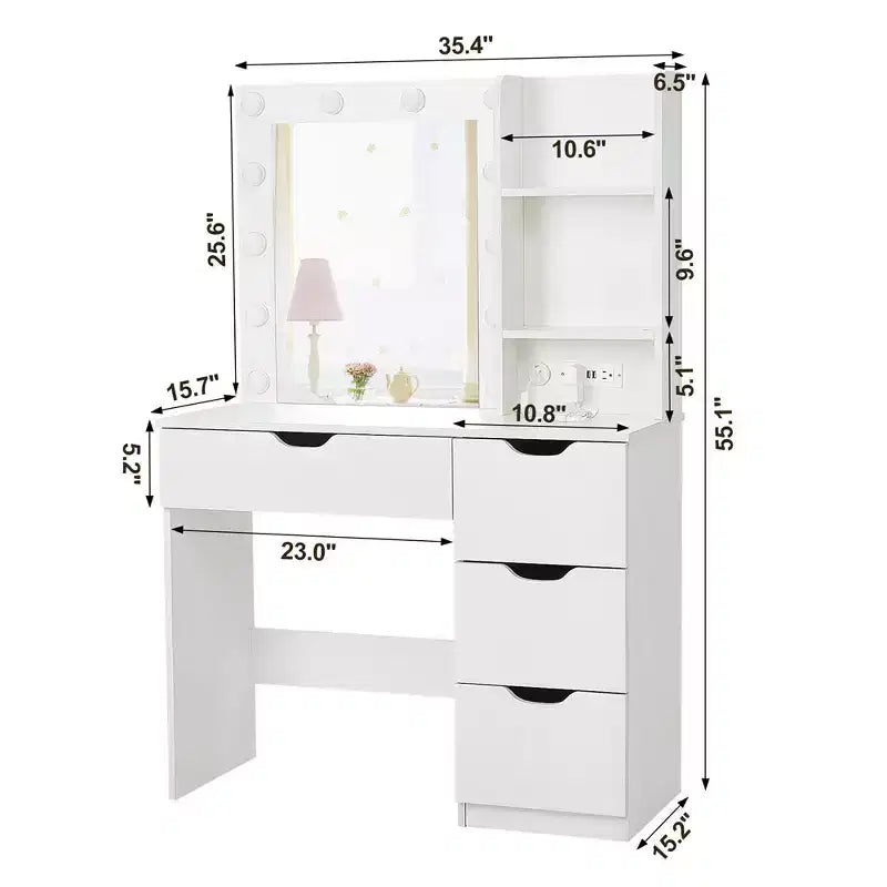 Mobile Trucco con Cassetti, Tavolo Trucco Bianco con Specchio e Luci a 3 Colori 12 LED