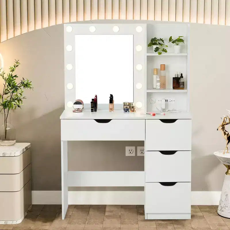 Mobile Trucco con Cassetti, Tavolo Trucco Bianco con Specchio e Luci a 3 Colori 12 LED