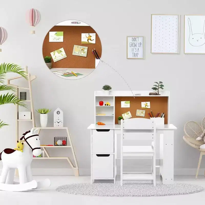 Set Tavolo e Sedia da Studio in Legno per Bambini con Scaffale, Bacheca e Armadietti, Bianco