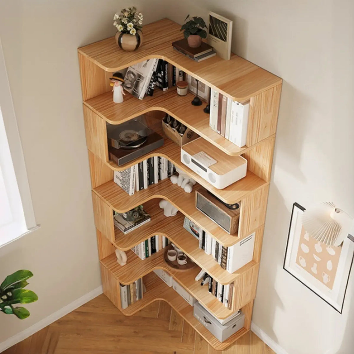 Natural Finish L-Shaped Vertical Wood Open Back Bookcase