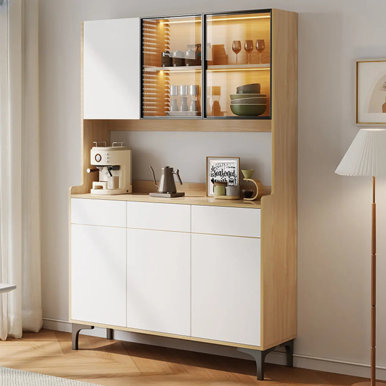 Large Wood Glass Doors Cabinet Sideboard with Hutch Top
