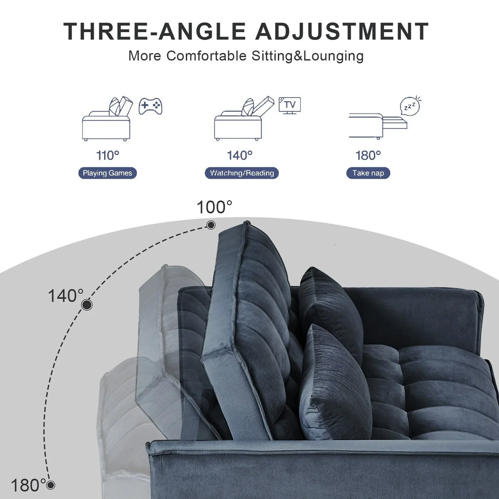 Modern Pull-Out Couch Bed, 3-in-1 Sleeper Sofa with Adjustable Backrest, Velvet Loveseat, Pillows & Side Pockets