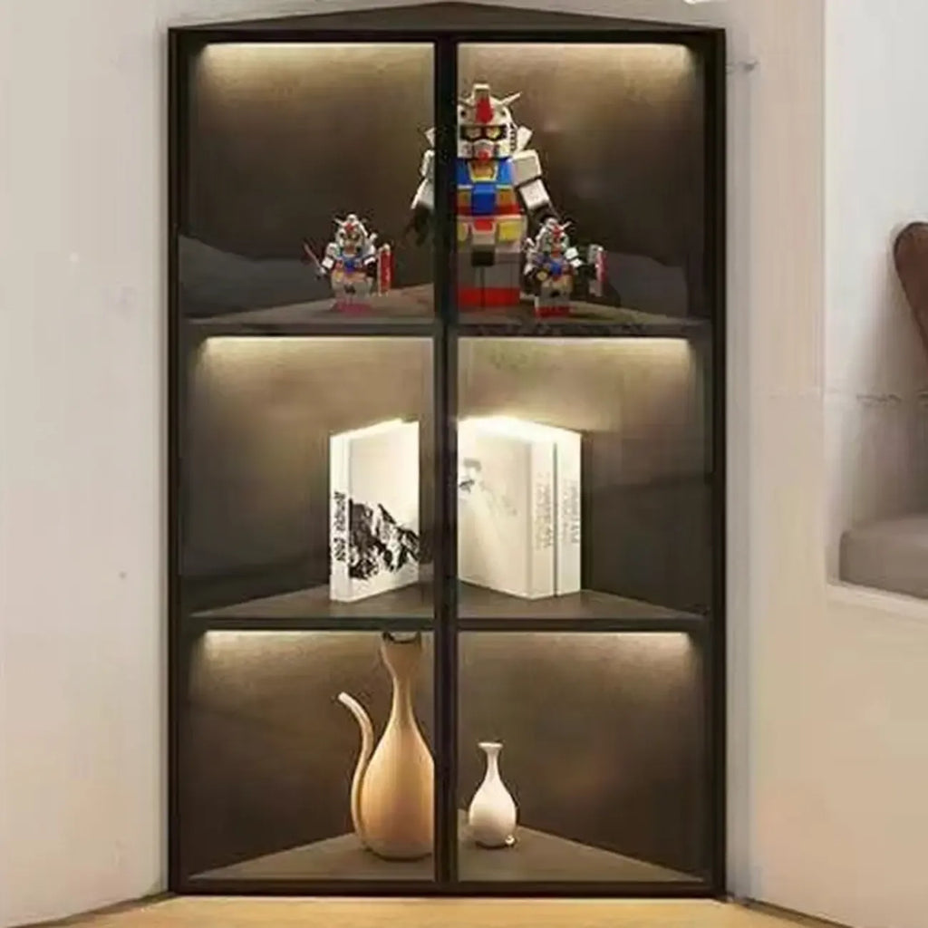 Modern Grey Metal Wood Corner Display Cabinet with Glass Door