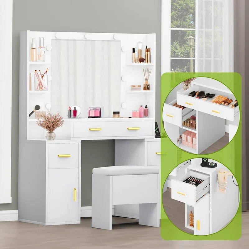 Vanity with Built-In Outlets and Lighted Mirror, 55.1H x 43.3L x 15.74W