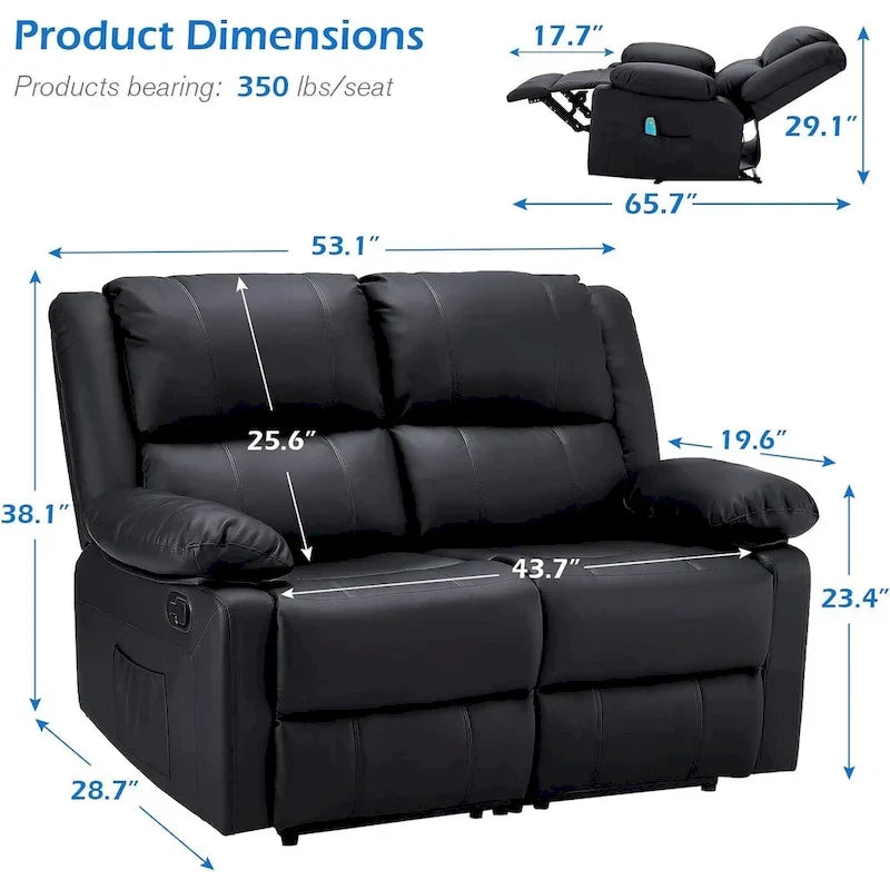 2-Seater Recliner Loveseat with Heat and Massage Function