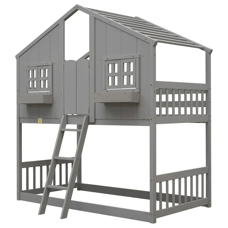 Twin over Twin House Bunk Bed with Roof , Window, Window Box, Door , with Safety Guardrails and Ladder, Grey