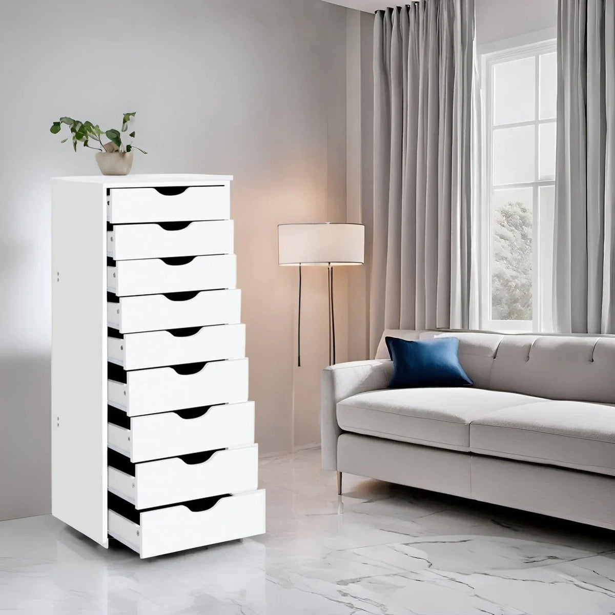 Narrow Wooden 9-Drawer Cabinet with Smooth-Glide Drawers and Top Storage Shelf