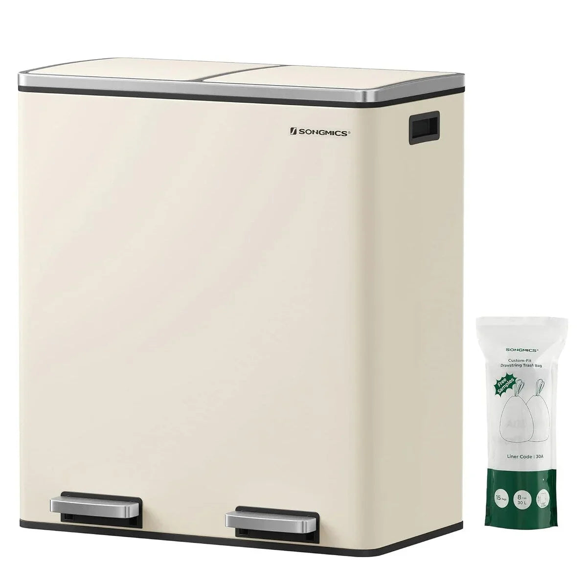 SONGMICS Dual Trash Can, 16 Gallon Stainless Steel Garbage Can, Almond