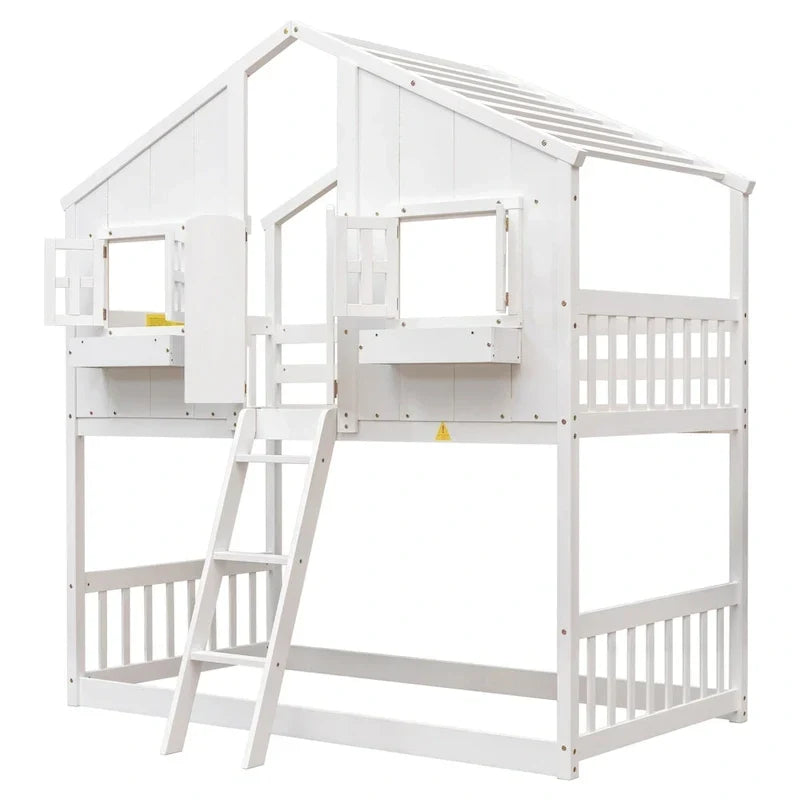 Twin over Twin House Bunk Bed with Roof , Window, Window Box, Door , with Safety Guardrails and Ladder, Grey