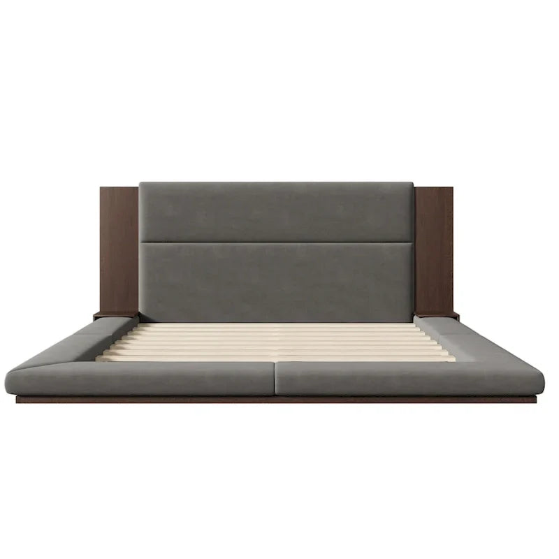 King Gray Floor Upholstered Bed Low Profile Platform Bed w/ Extended Wood Headboard, Built-in Nightstand Shelves