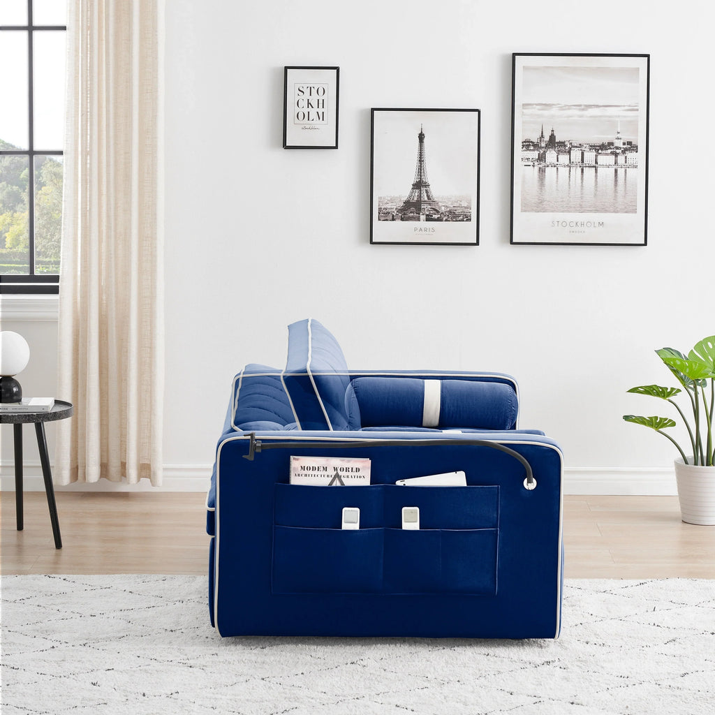 Velvet Convertible 55'' 2-Seater Sleeper Sofa with Pull-Out Bed, Adjustable Recline, Side Pockets, and Phone Holder