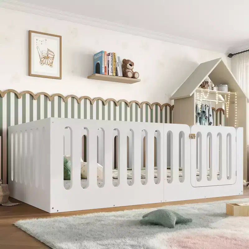 White Twin Montessori Floor Bed with Fence Rails & Door ??Solid Wood, 1 Child