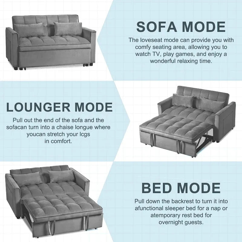Modern Velvet Futon Loveseat with Reclining Backrest & Pockets, Seats 2 ââ‚?Dark Gray / Light Gray / Blue / Black