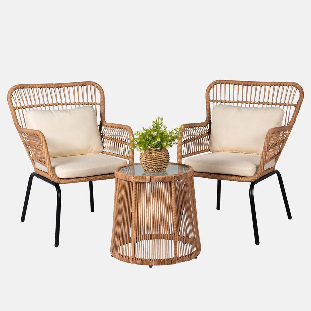 3 Piece Outdoor Wicker Conversation Bistro Set, All-Weather Rattan Furniture Patio Chairs Set with Cushions