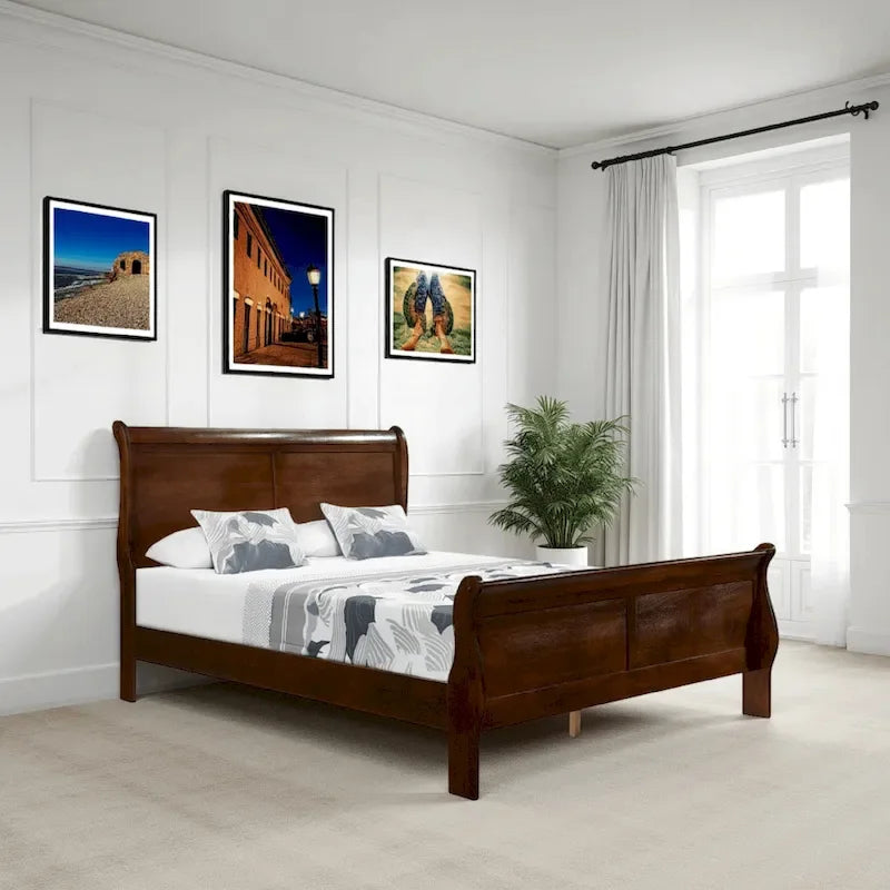 Traditional Queen Sleigh Bed, Wood Frame, Rich Brown Cherry Finish