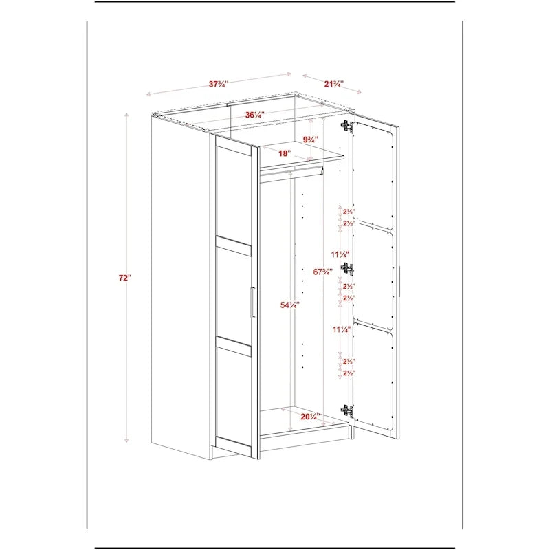 100% Solid Wood 2-Door Urban Wardrobe Armoire with Solid and Mirrored Doors