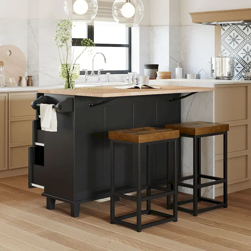 TOPMAX Kitchen Island Set with Drop Leaf and 2 Seatings, Dining Table Set with Adjustable Shelf, Drawers and Towel Rack