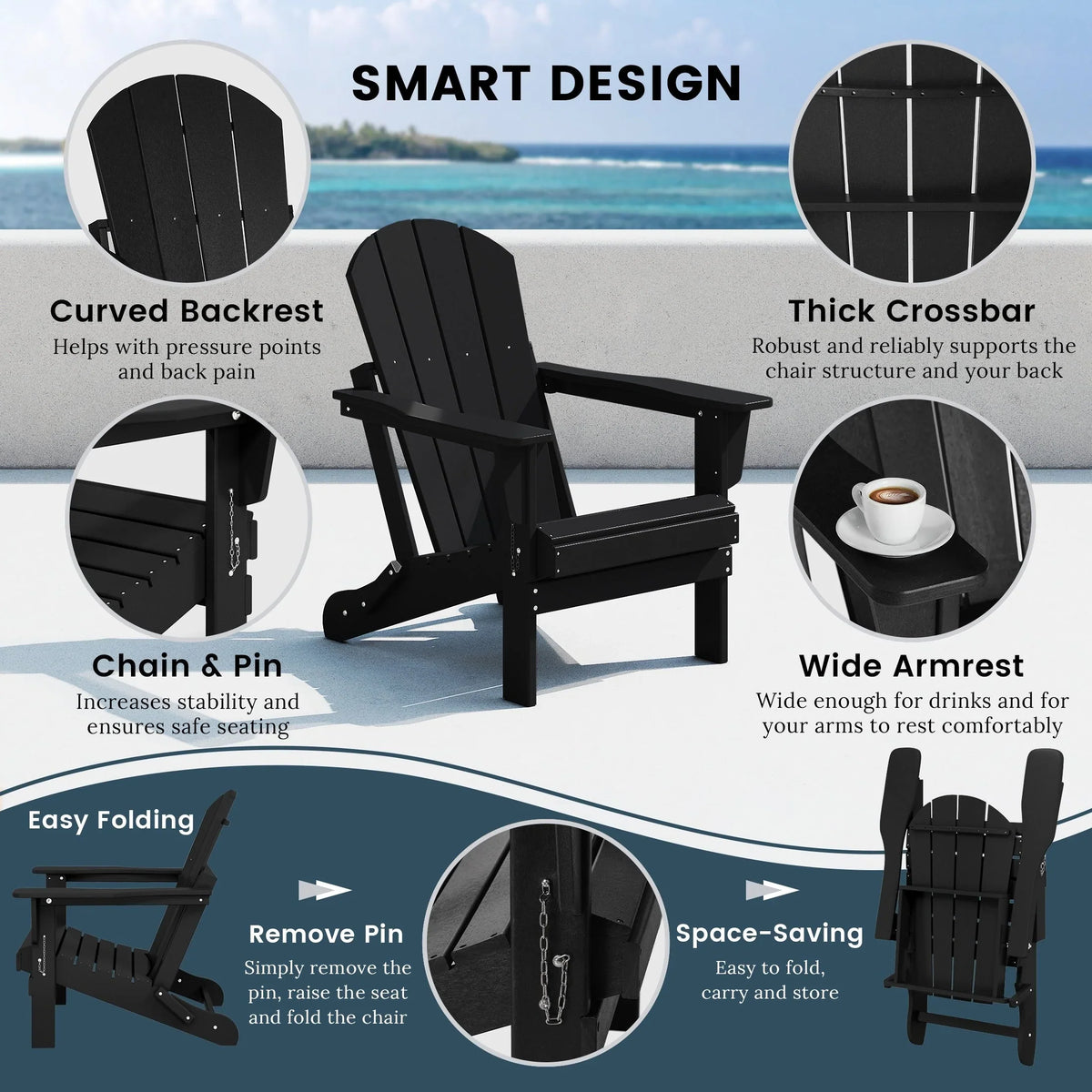 Polytrends Laguna Fade Resistant All Weather Outdoor Patio Folding Adirondack Chair
