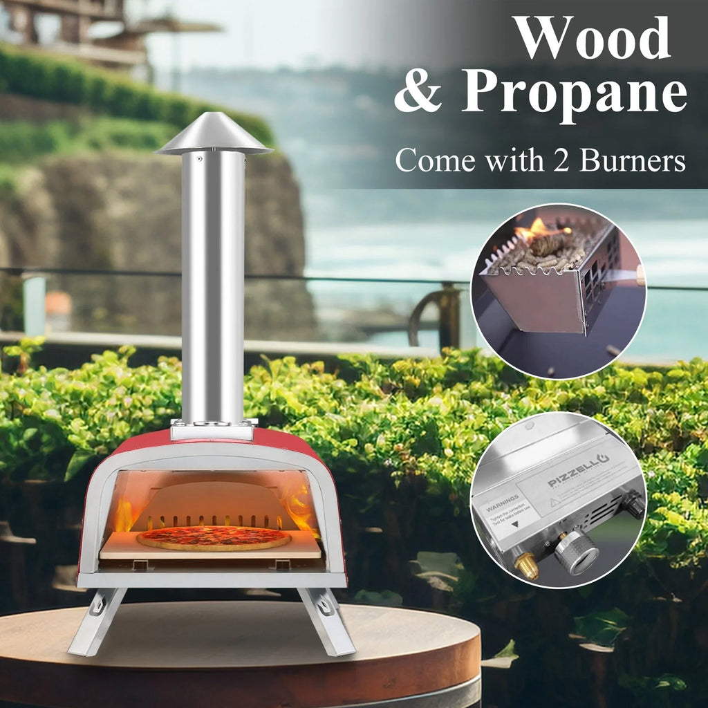 Multi-Fuel Outdoor Pizza Oven Stonebaked Pizza Maker with Gas Burner & Wood Box - 12 inch