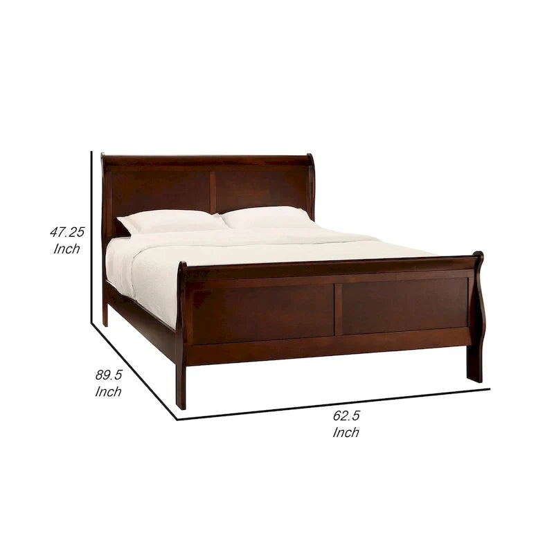 Traditional Queen Sleigh Bed, Wood Frame, Rich Brown Cherry Finish