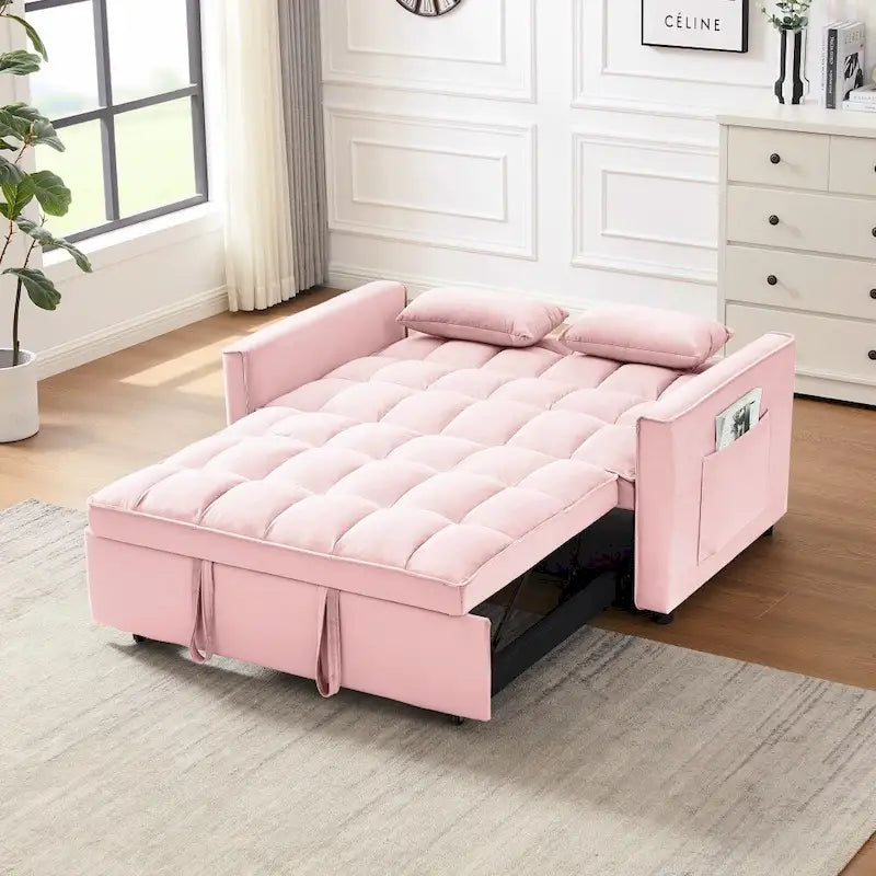3 in 1 Convertible Velvet Sofa Couch w/Pullout Bed and Reclining Backres