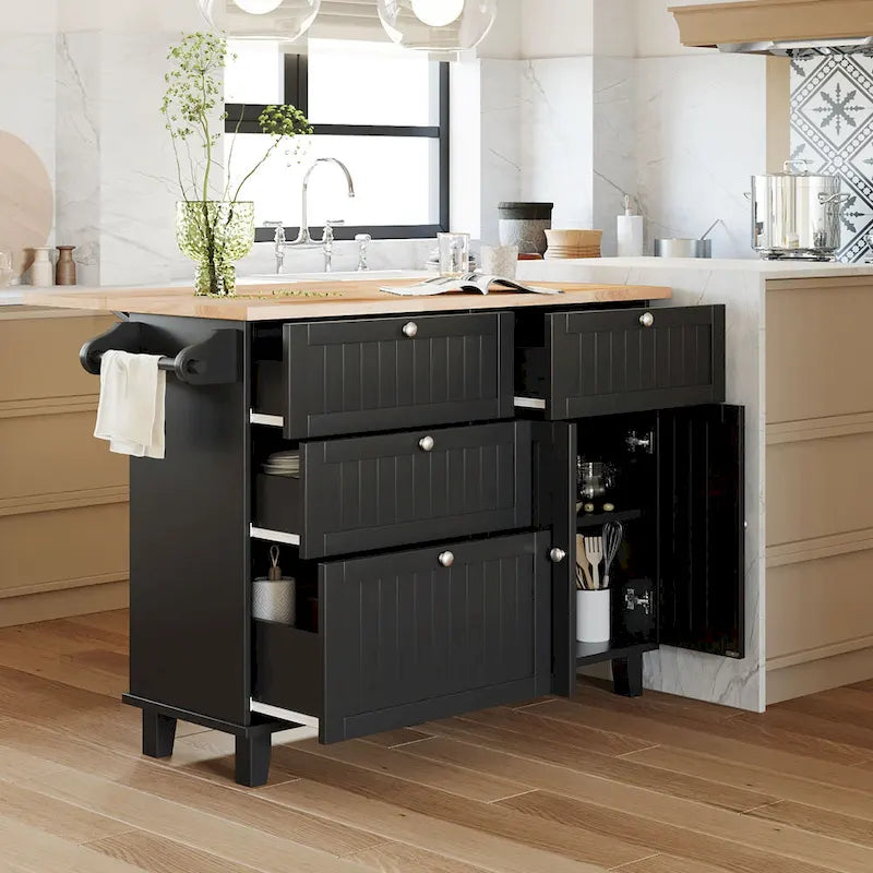 TOPMAX Kitchen Island Set with Drop Leaf and 2 Seatings, Dining Table Set with Adjustable Shelf, Drawers and Towel Rack