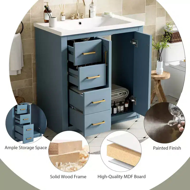 30 Single Sink Bathroom Vanity with Cabinet & 3 Drawers ??Black / Blue / Green / Indigo / White
