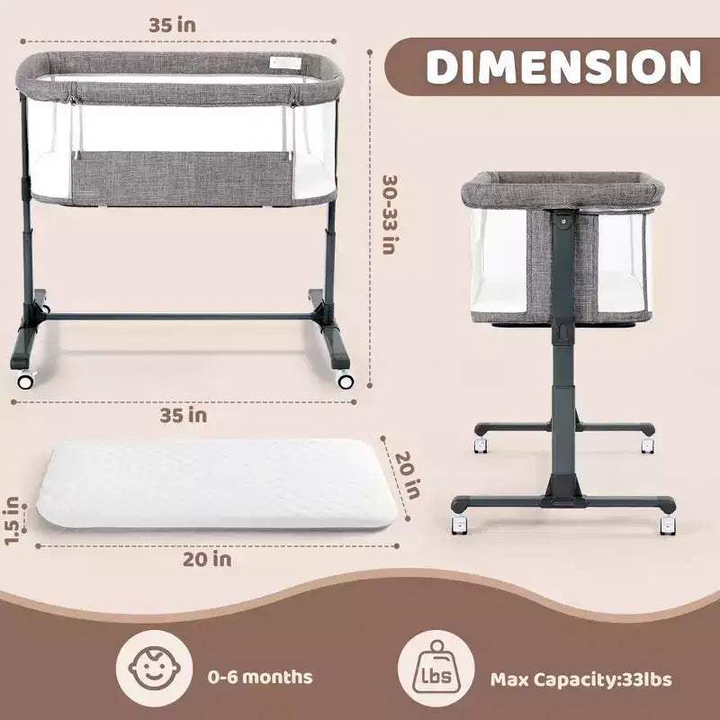 Baby Bassinet with Wheels ??Beige / Gray / Pink, Bedside Sleeper, for 1 Baby