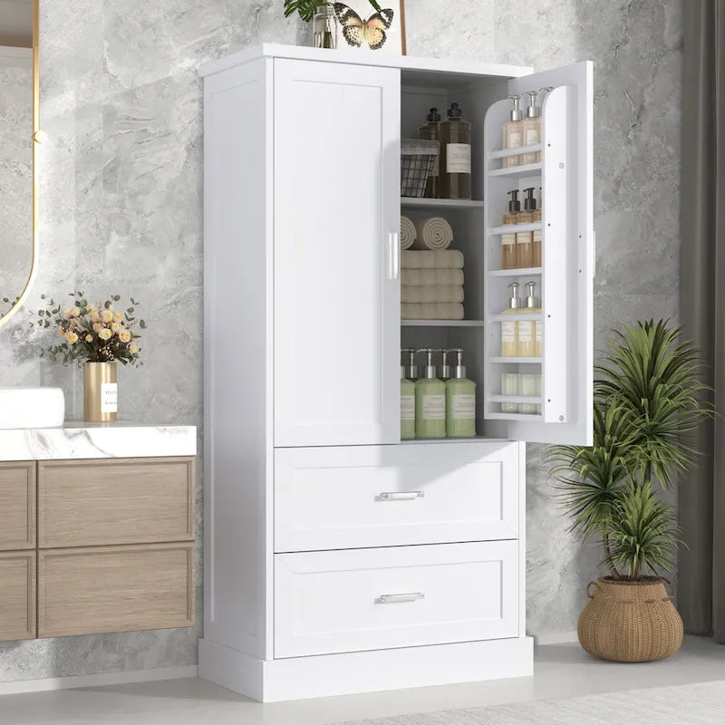 Tall Bathroom Storage Cabinet, Cabinet with Two Doors and Drawers, Adjustable Shelf, MDF Board