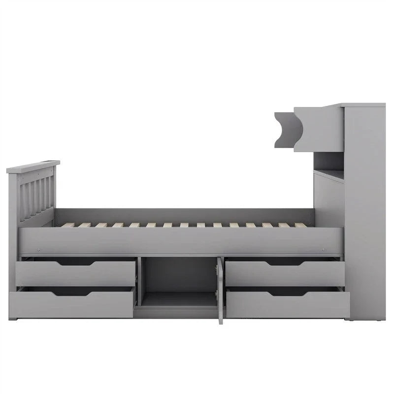 Twin/Full Size Captain Platform Bed with 4 Drawers and Storage Shelves, Solid Wood Bed Frame with Storage Bookcase Headboard