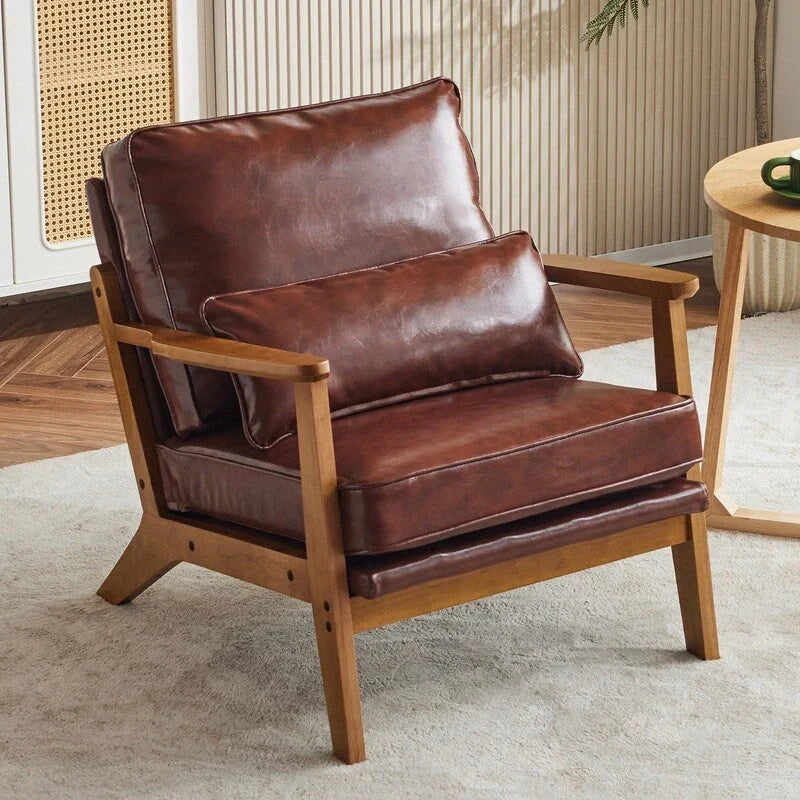 Upholstered Linen Blend Accent Chair with Wooden Legs and One Pillow Beige