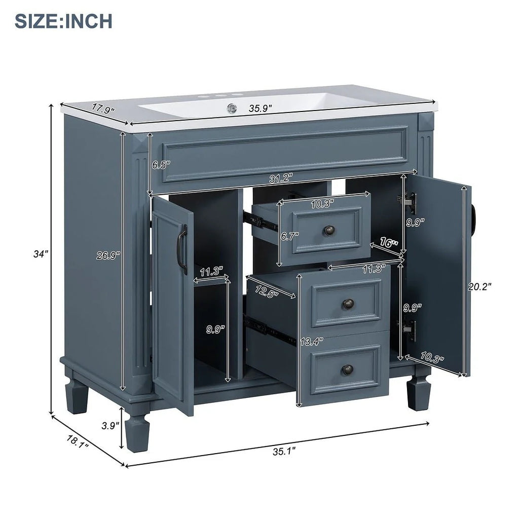36'' Modern Bathroom Vanity with Top Sink and Mirror Cabinet,2 Doors and 2 Drawers