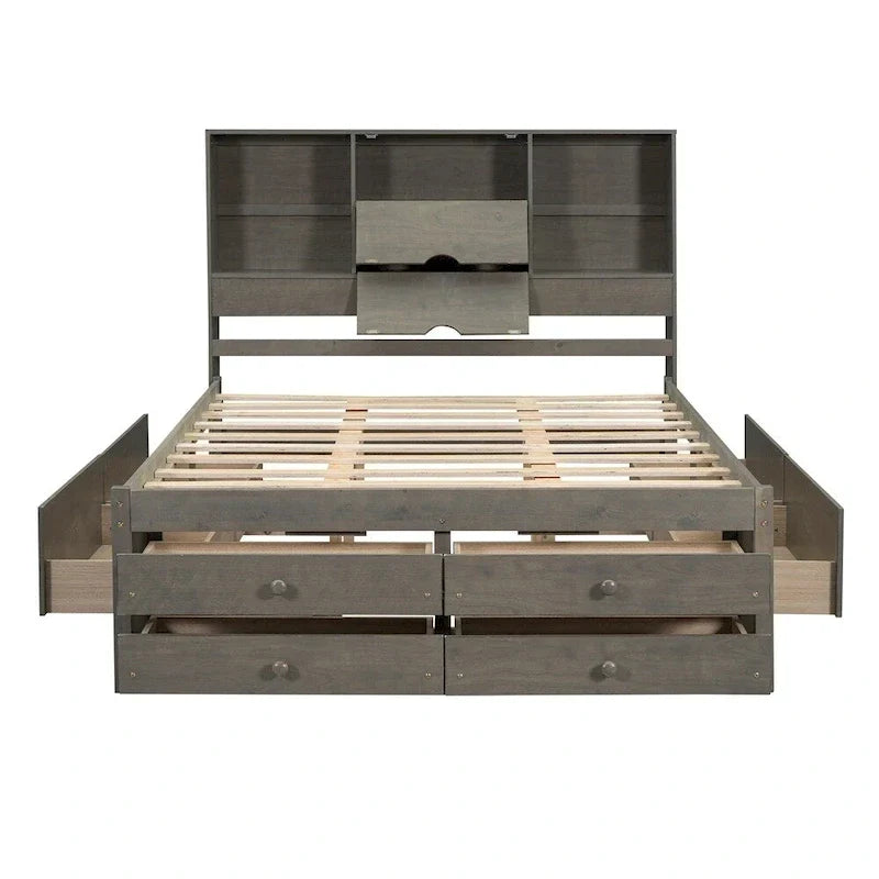 King Size Platform Bed with Storage Headboard and 8 Drawers