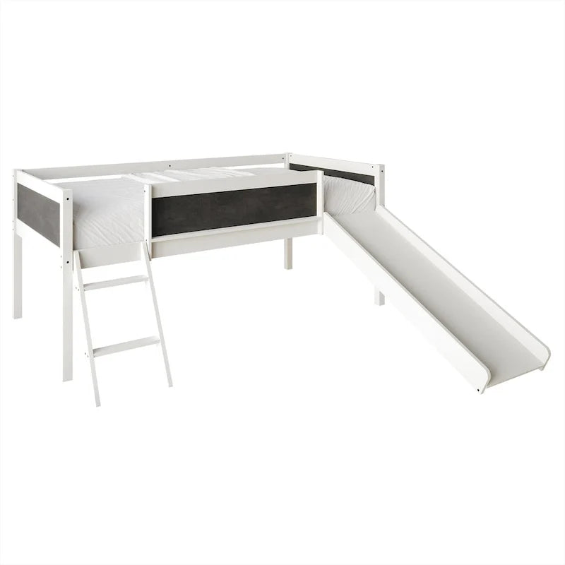 CraftPorch Classic Twin Low Loft Bed with Chalkboard, Slide and Ladder