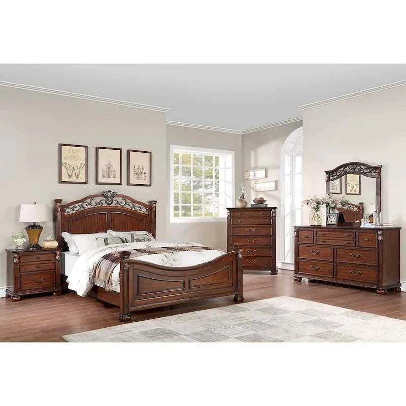 Wooden Bed with Crafted Headboard in Dark Cherry
