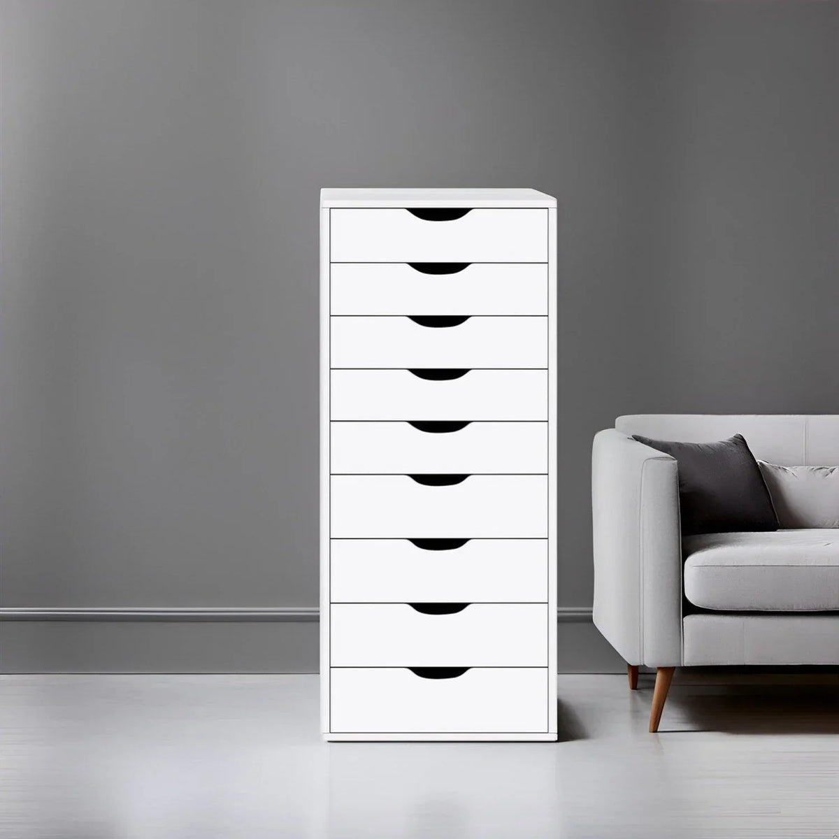 Narrow Wooden 9-Drawer Cabinet with Smooth-Glide Drawers and Top Storage Shelf
